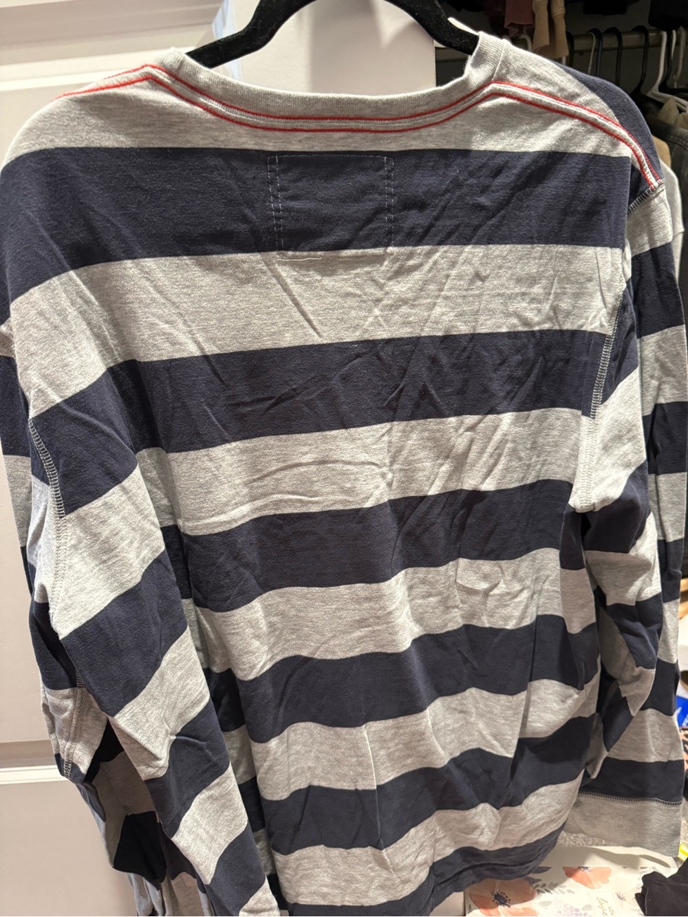 Express Striped Crewneck in Navy, Light Gray and Red Trim